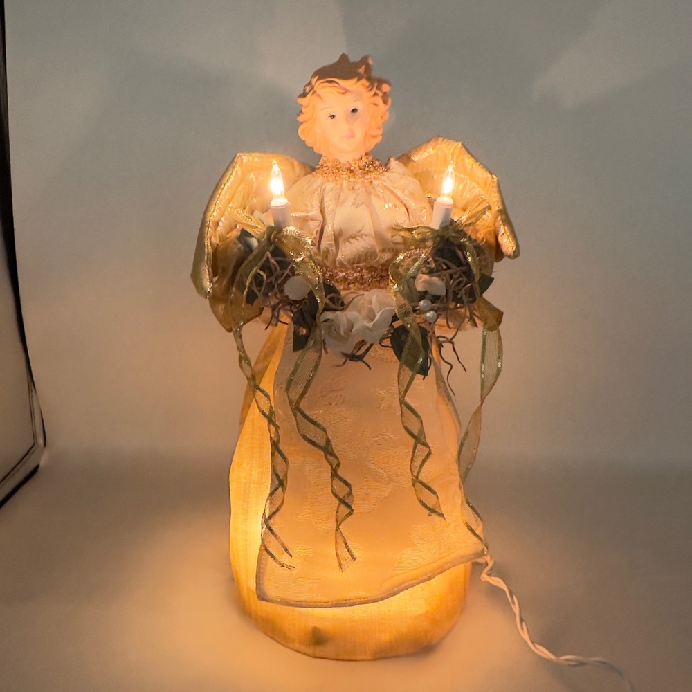 Kurt Adler Angel Tree Topper Gold Cream Lit Porcelain Head Vintage 12in Holiday